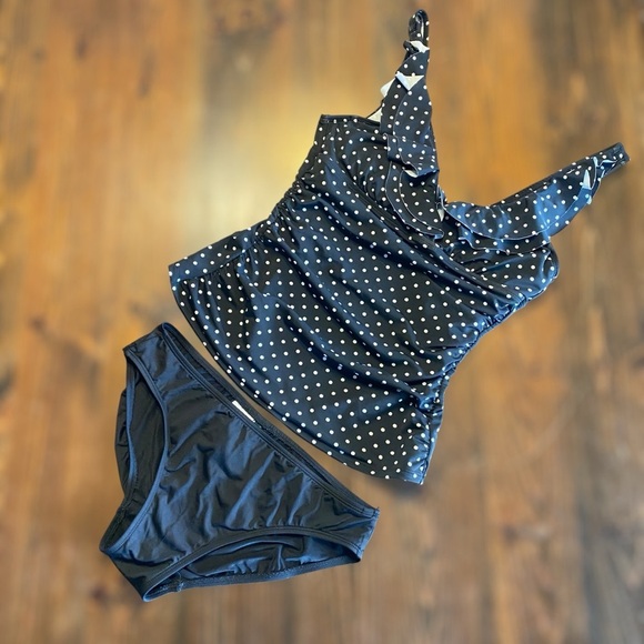 Ralph Lauren Black White Polka Dot Ruffle Tankini SLIMMING Top&black bottom-SZ-8 - Picture 3 of 12